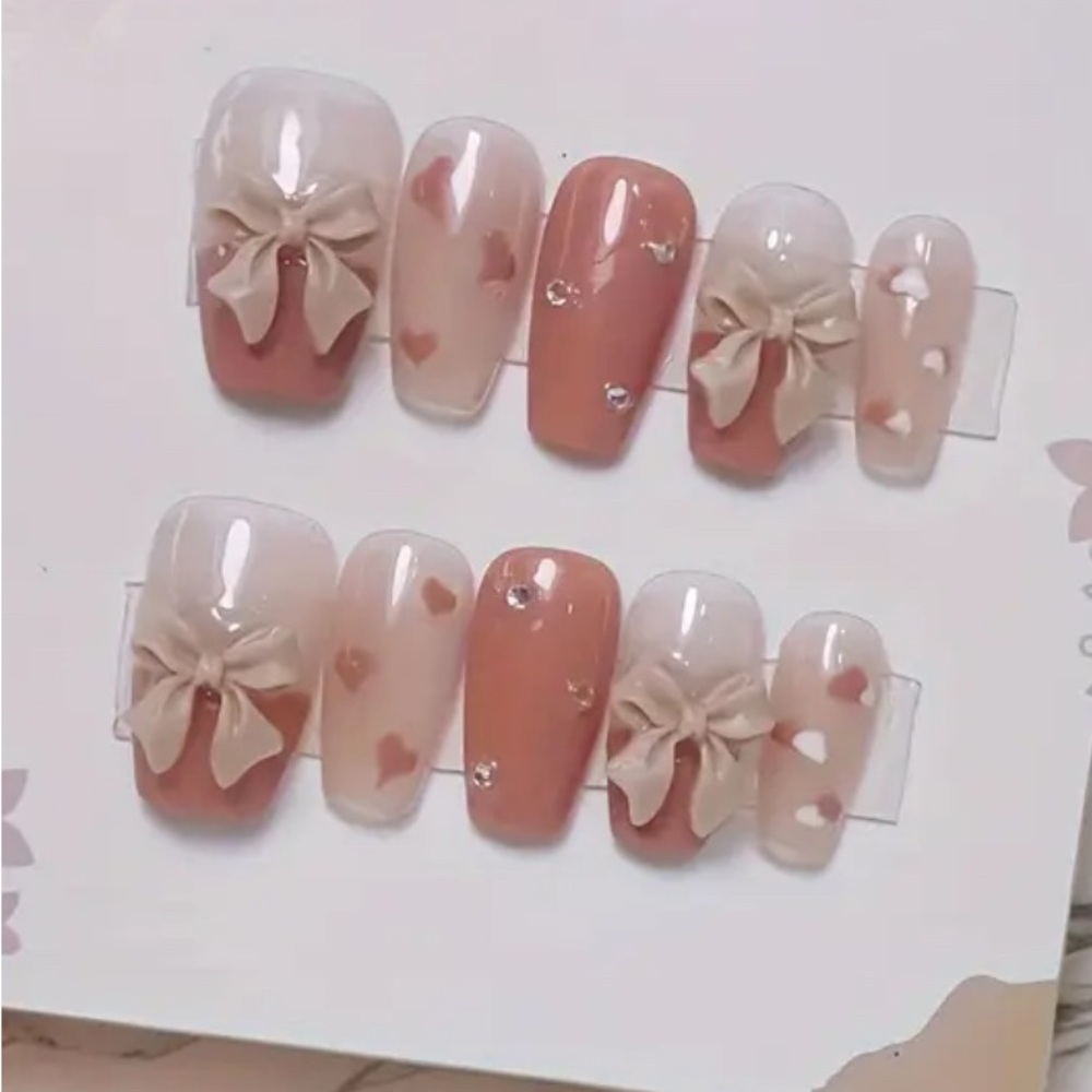 Elegant Bow & Heart 3D press on Nail Set cream French tip reusable 10 pc NWT